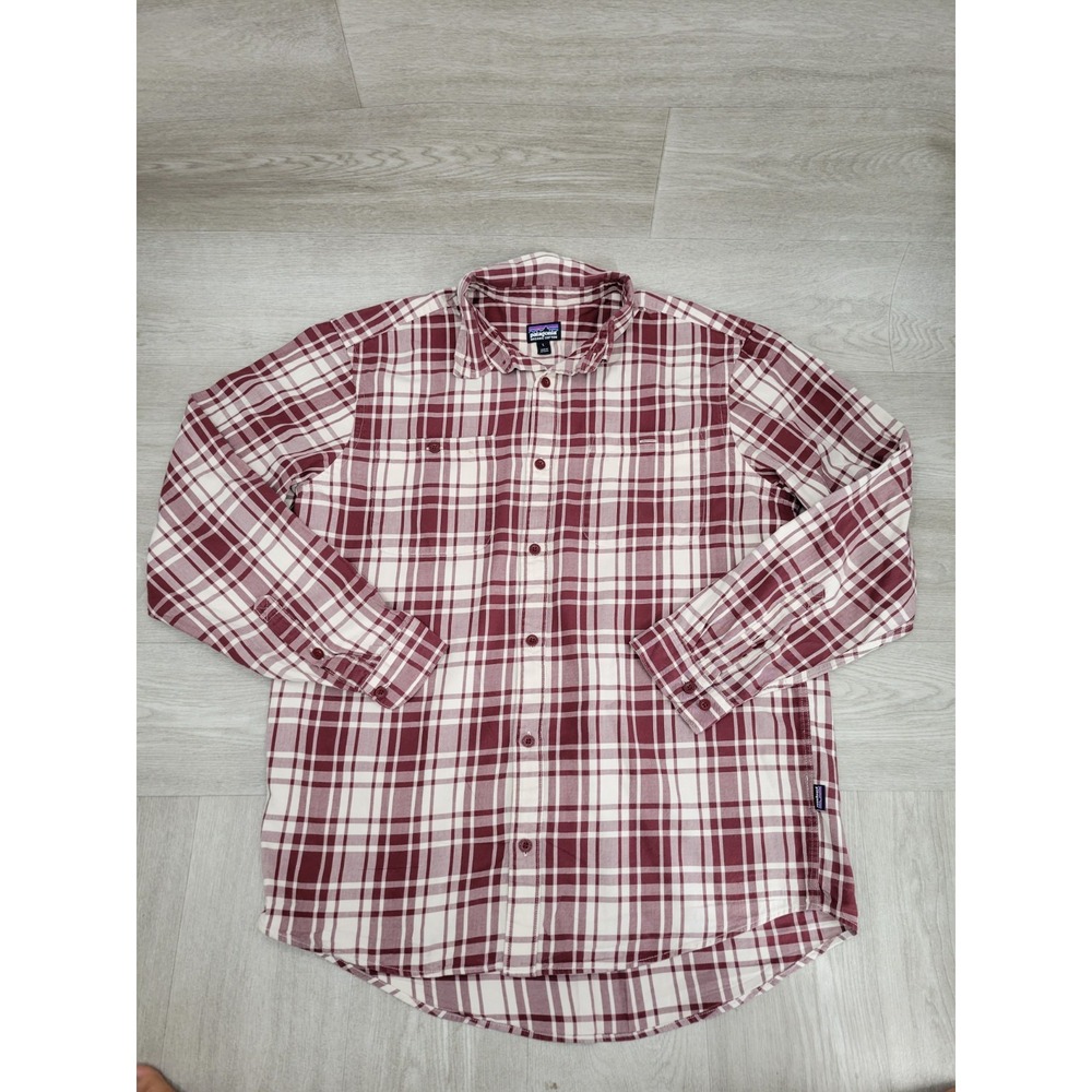 Patagonia Pima Cotton Shirt Men's L Red Beige Plaid Long Sleeve Organic 53838